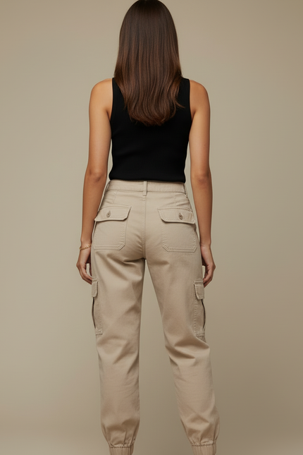 Pantalon Cargo Beige Coton Taille Haute Élastiqué Femme - Gabardine - vue 2
