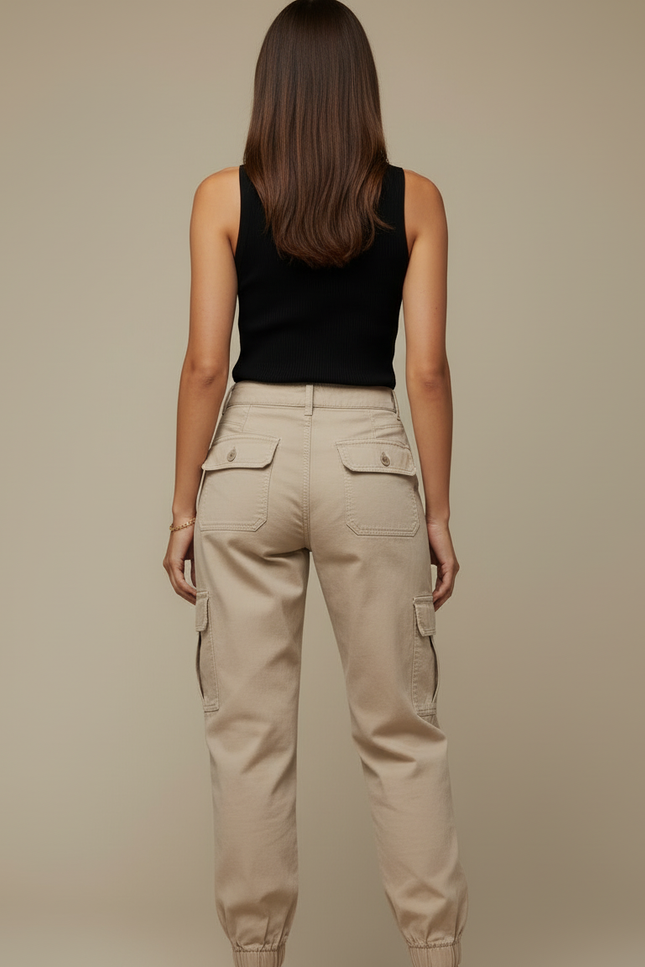 Pantalon Cargo Beige Coton Taille Haute Élastiqué Femme - Gabardine - vue 2