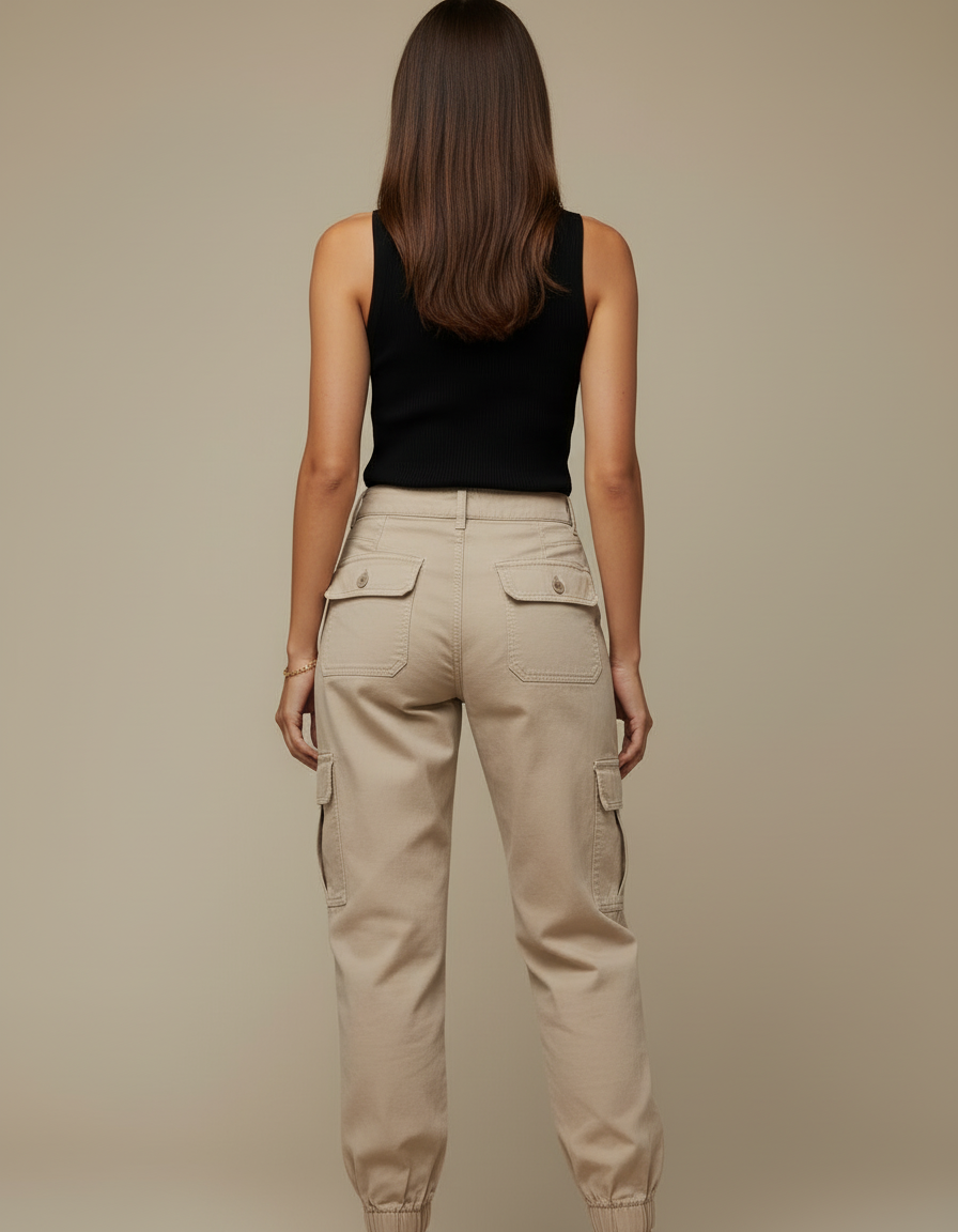 Pantalon Cargo Beige Coton Taille Haute Élastiqué Femme - Gabardine - vue 2