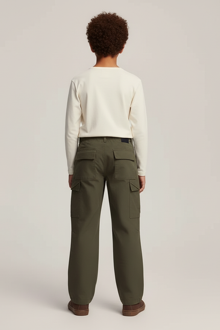 Pantalon Cargo Vert Kaki Ample Décontracté Garçon - Toile - vue 2