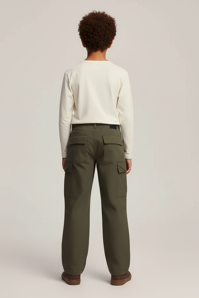 Pantalon Cargo Vert Kaki Ample Décontracté Garçon - Toile - vue 2
