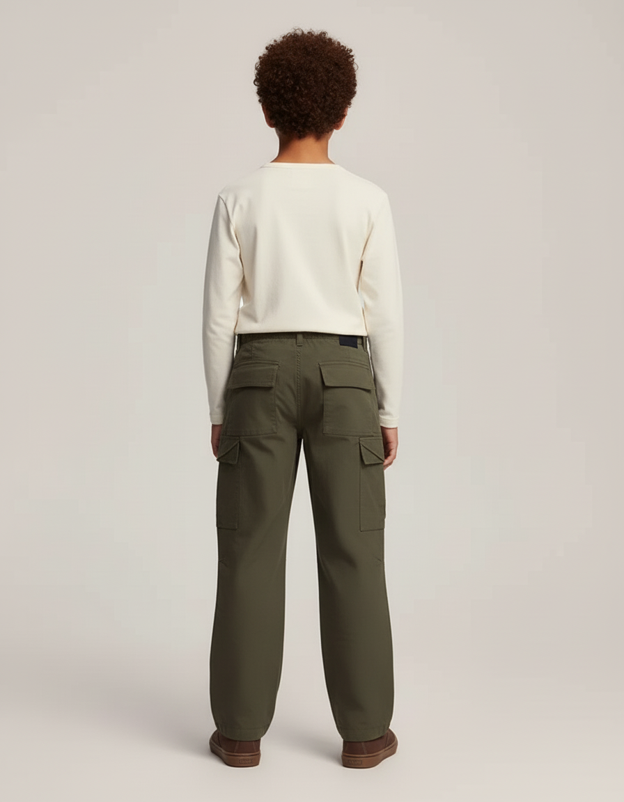 Pantalon Cargo Vert Kaki Ample Décontracté Garçon - Toile - vue 2