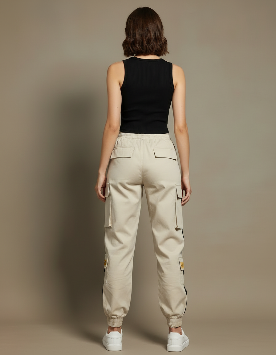 Pantalon Cargo Femme Beige Ample Multipoches Décontracté - Toile - vue 2