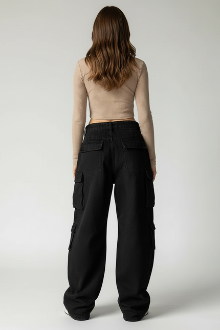 Pantalon Cargo Taille Basse - Noir Jean - vue 2