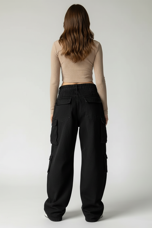 Pantalon Cargo Taille Basse - Noir Jean - vue 2