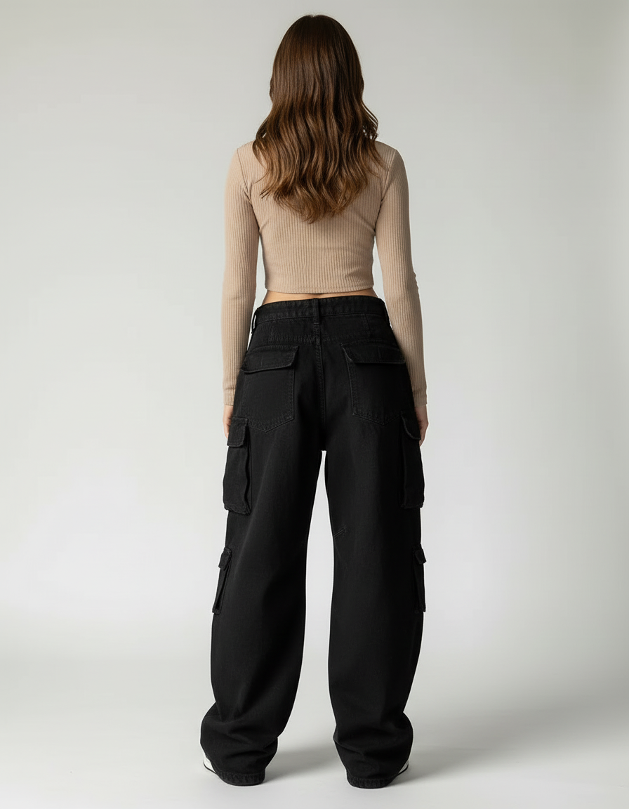 Pantalon Cargo Taille Basse - Noir Jean - vue 2