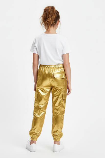 Pantalon Cargo Doré Métallisé Ample Fille Brillant - Polyester - vue 2