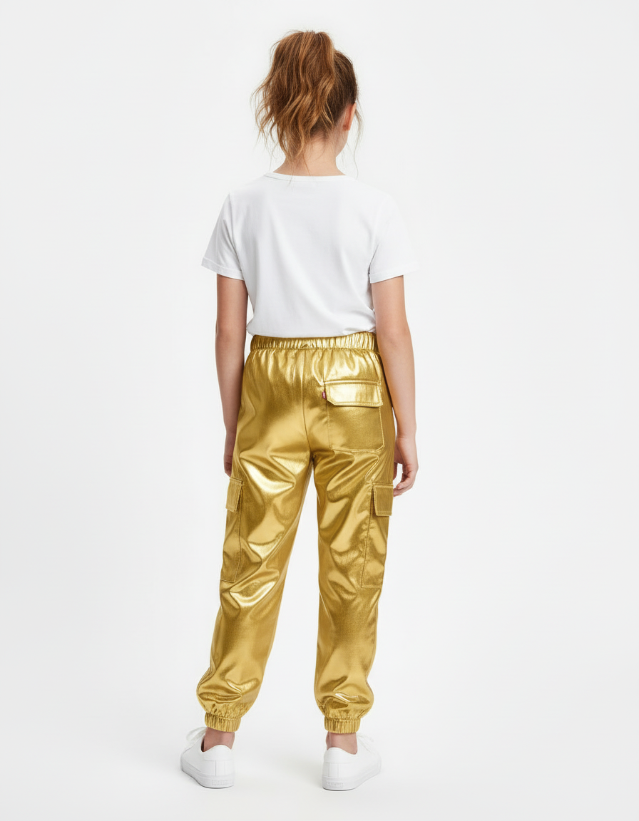 Pantalon Cargo Doré Métallisé Ample Fille Brillant - Polyester - vue 2