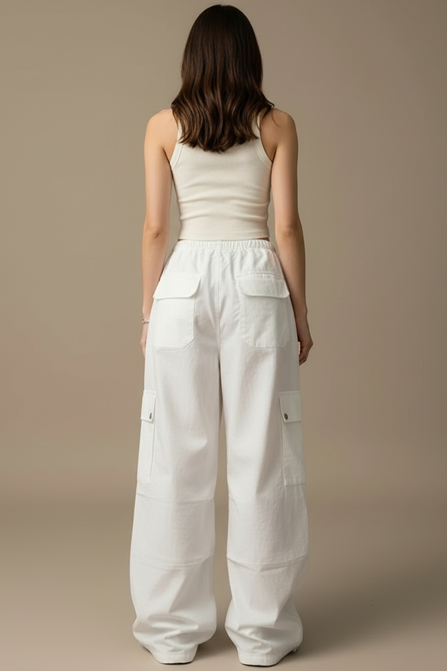 Pantalon Cargo Blanc Ample Poches Taille Haute - Coton - vue 2