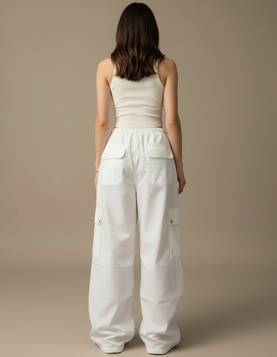 Pantalon Cargo Blanc Ample Poches Taille Haute - Coton - vue 2