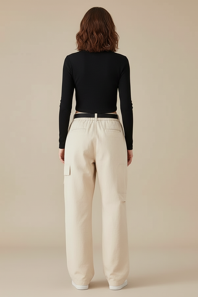 Pantalon Cargo Beige Ample Ceinturé Femme Décontracté - Toile - vue 2