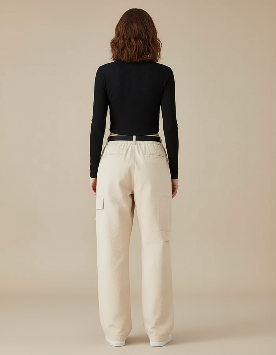 Pantalon Cargo Beige Ample Ceinturé Femme Décontracté - Toile - vue 2