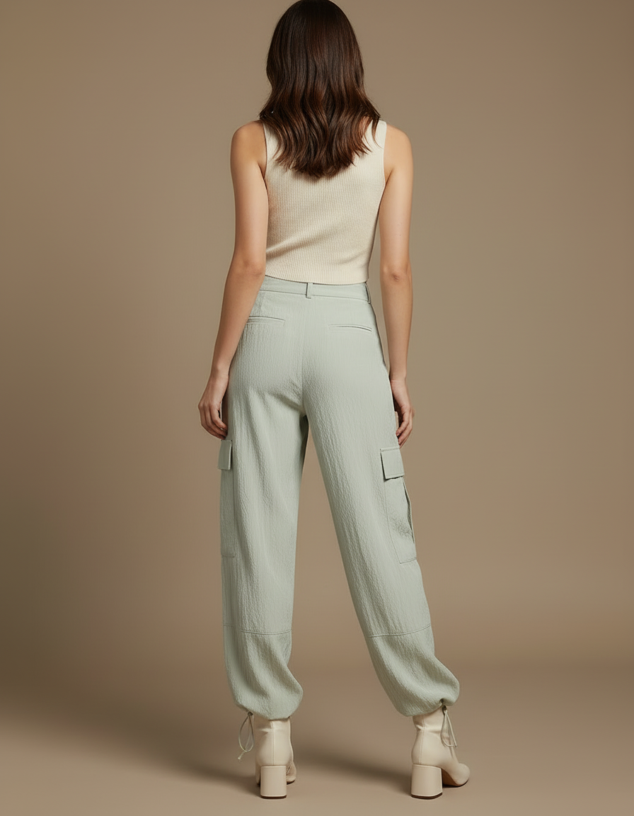 Pantalon Cargo Vert Ample Cordon Fluide Femme - Viscose - vue 2