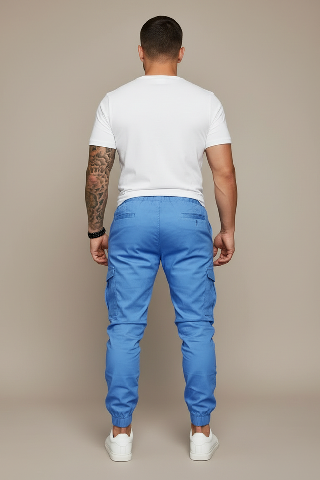 Pantalon Cargo Bleu Ciel Slim Cordon Poches Cheville - Toile - vue 2