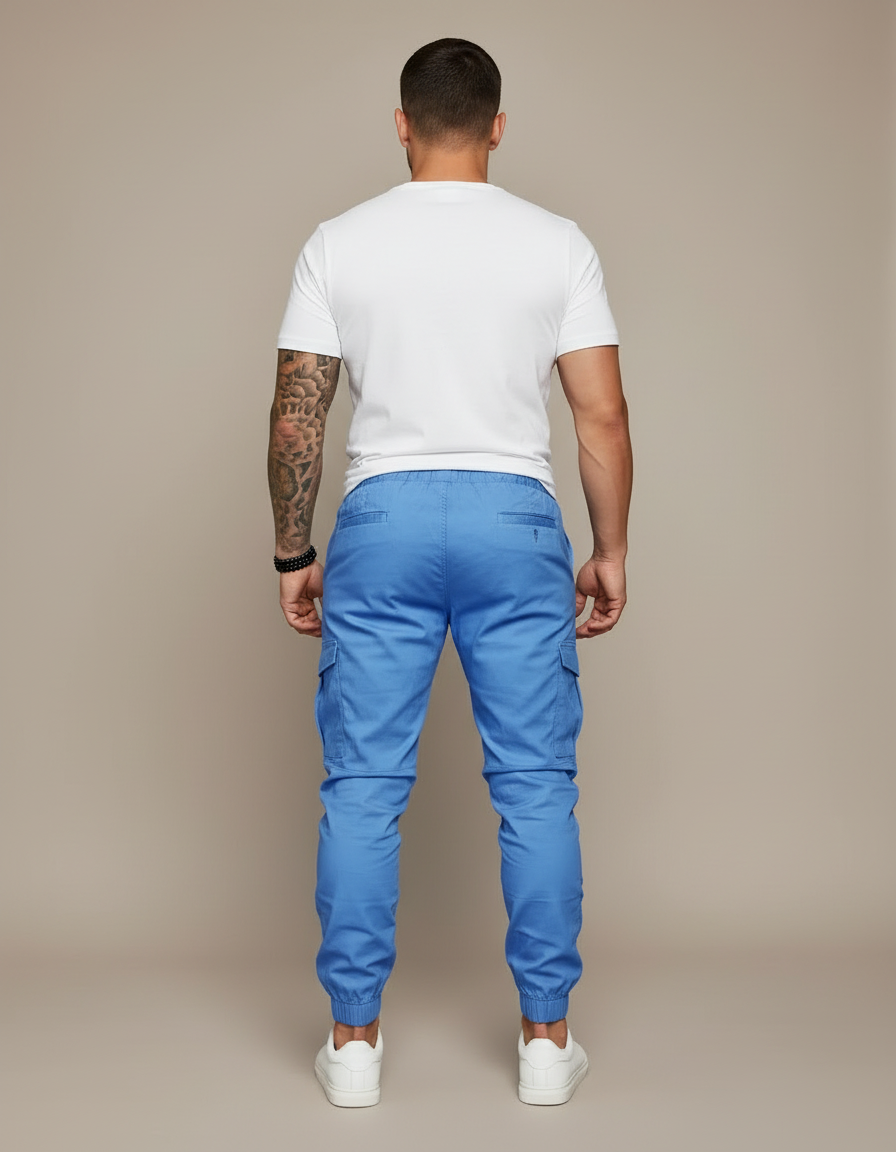 Pantalon Cargo Bleu Ciel Slim Cordon Poches Cheville - Toile - vue 2