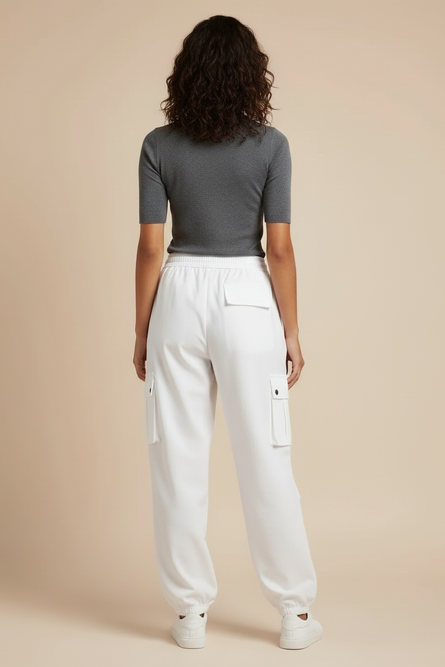 Pantalon Cargo Blanc Ample Taille Haute Femme - Polyester - vue 2