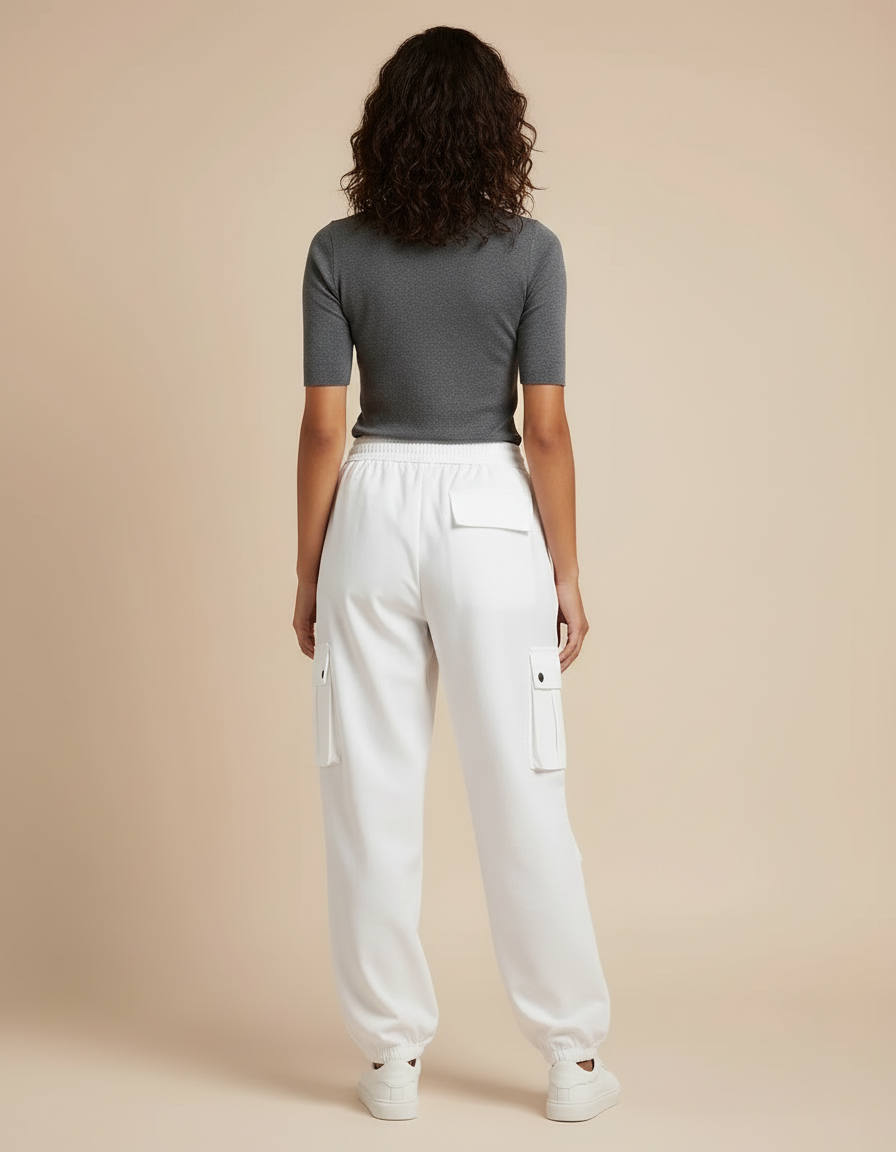 Pantalon Cargo Blanc Ample Taille Haute Femme - Polyester - vue 2