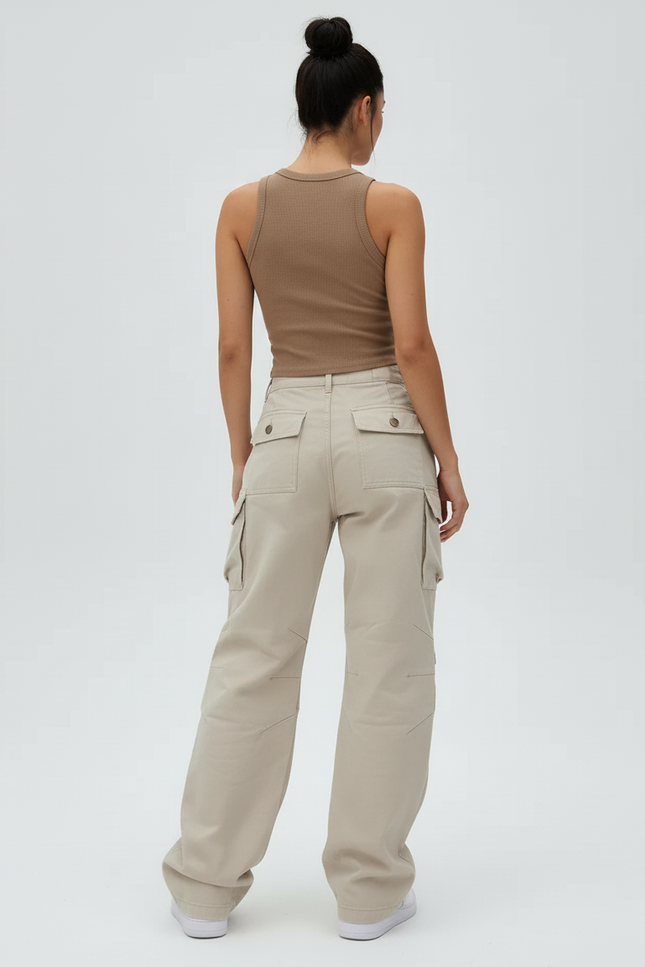 Pantalon Cargo Beige Ample Taille Haute Multipoches - Toile - vue 2