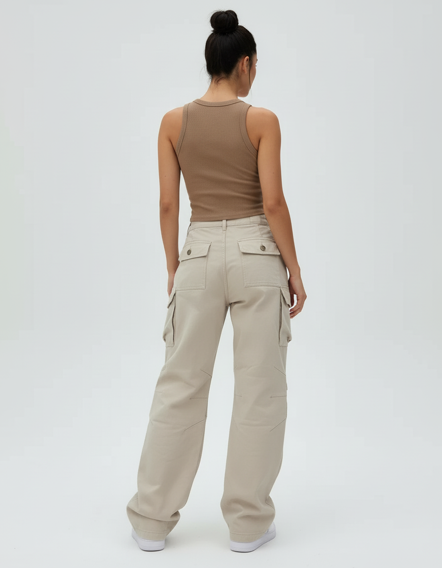 Pantalon Cargo Beige Ample Taille Haute Multipoches - Toile - vue 2