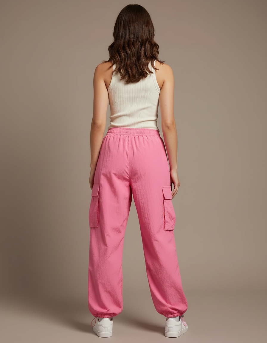 Pantalon Cargo Rose Ample Taille Haute Fluide - Polyester - vue 2