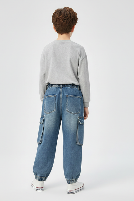 Pantalon Cargo Denim Ample Délavé Enfant Poches - Bleu Jean - vue 2