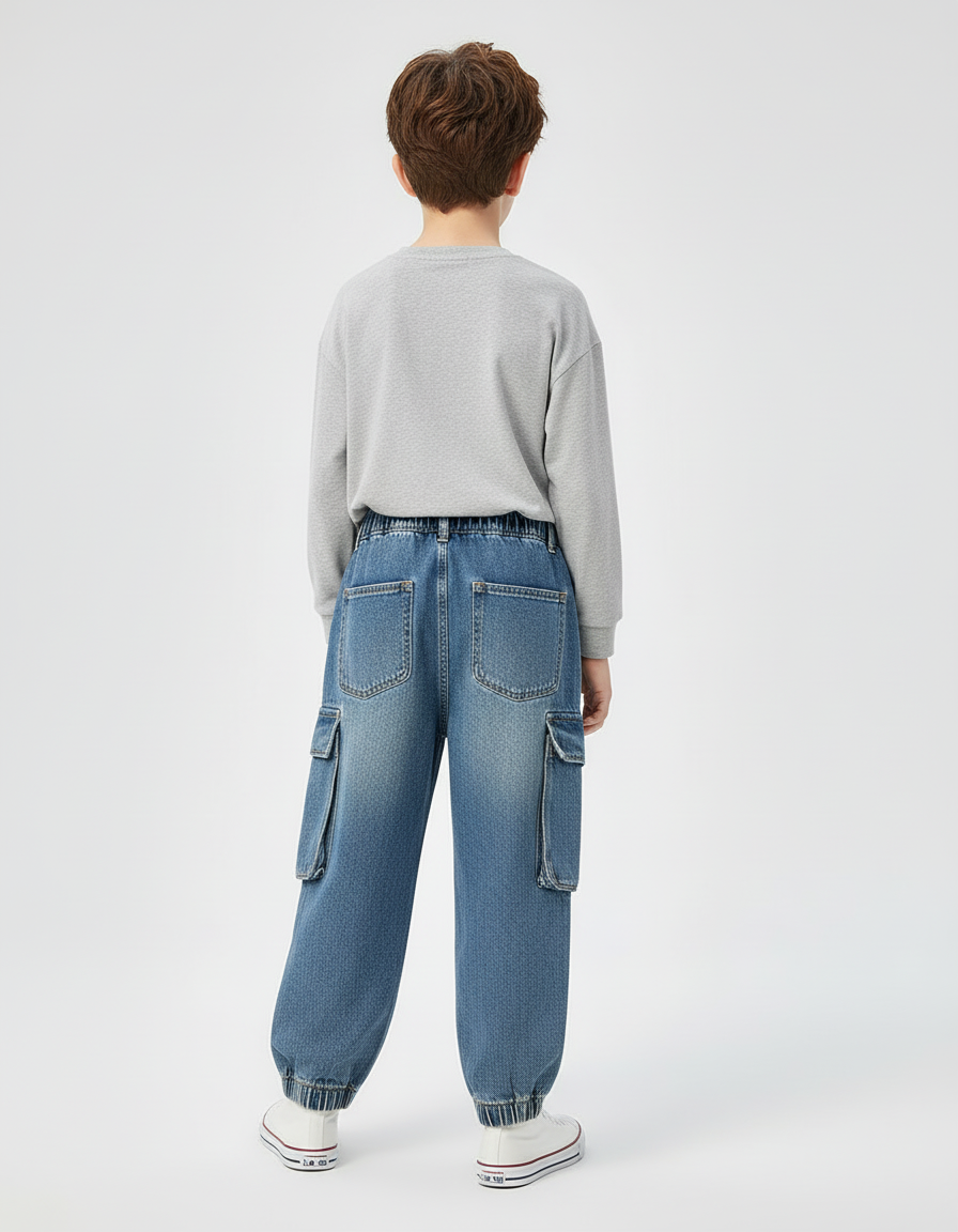 Pantalon Cargo Denim Ample Délavé Enfant Poches - Bleu Jean - vue 2