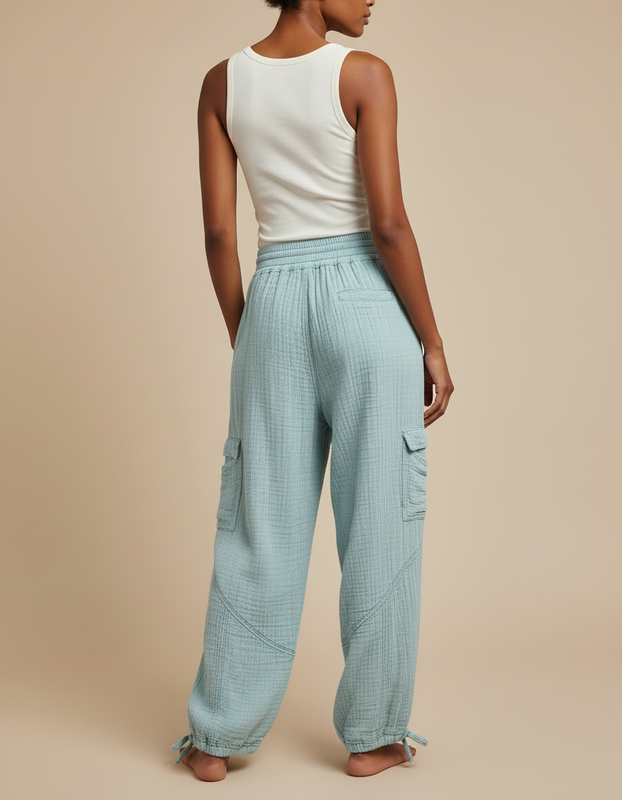 Pantalon Cargo Bleu Ciel Gaufré Ample Coton - vue 2
