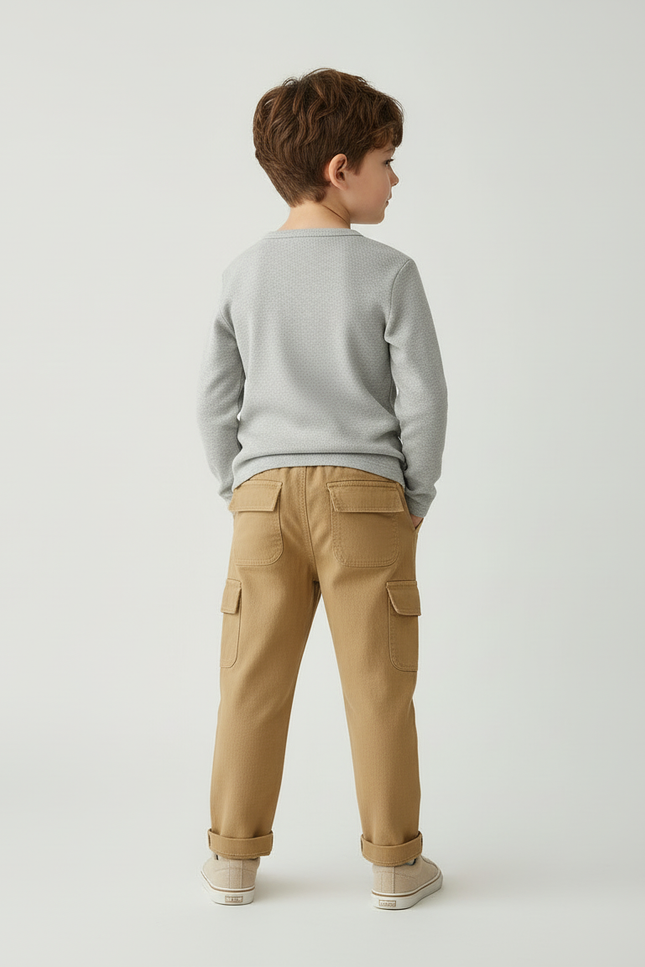 Pantalon Cargo Marron Ample Coton Multipoches Enfant - Camel - vue 2
