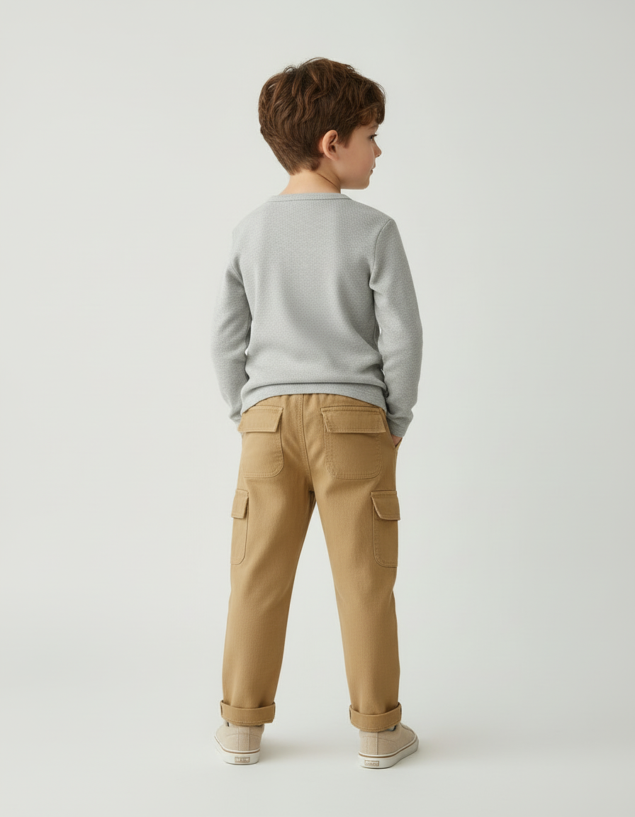 Pantalon Cargo Marron Ample Coton Multipoches Enfant - Camel - vue 2
