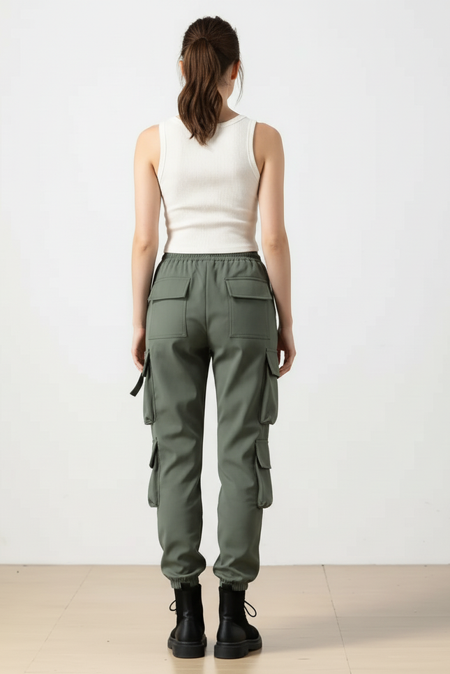 Pantalon Cargo Vert Militaire Ample Multipoches Femme - Kaki Polyester - vue 2