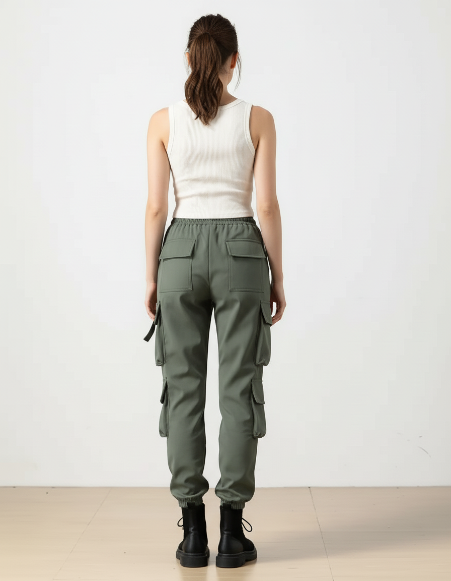 Pantalon Cargo Vert Militaire Ample Multipoches Femme - Kaki Polyester - vue 2