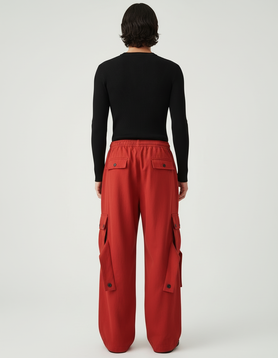 Pantalon Cargo Rouge Ample Multi-Poches Homme - Toile - vue 2