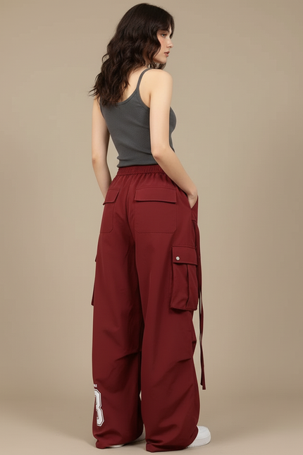 Pantalon Cargo Large Bordeaux Boutons Poches Streetwear - Polyester - vue 2