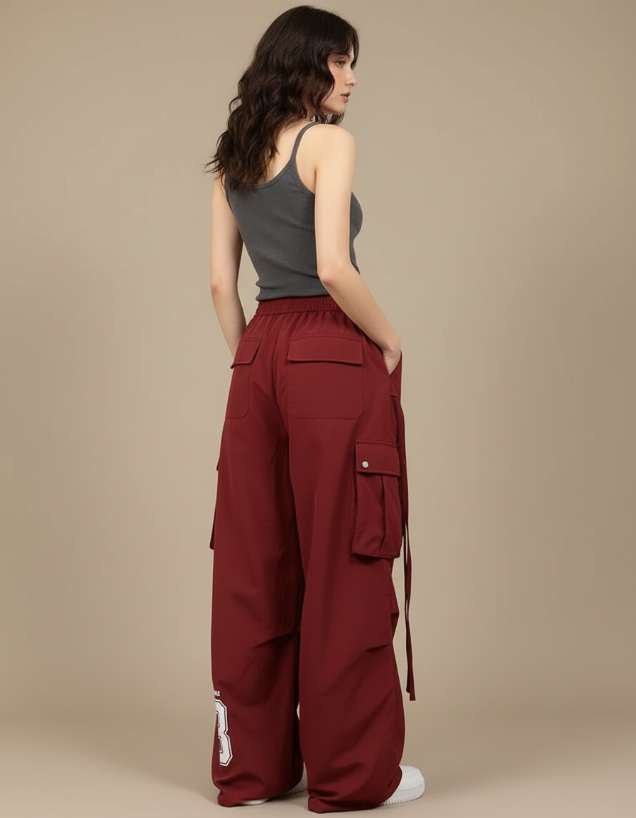 Pantalon Cargo Large Bordeaux Boutons Poches Streetwear - Polyester - vue 2