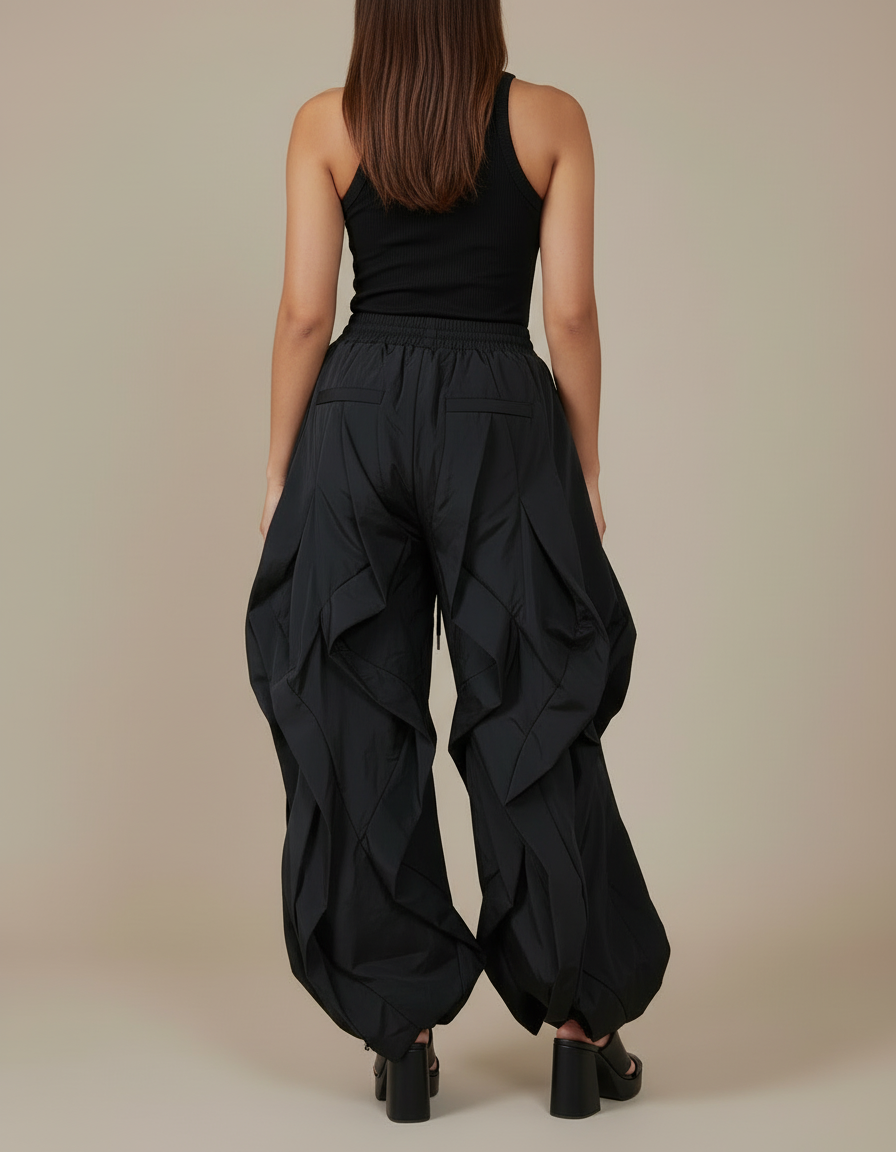 Pantalon Cargo Noir Ample Plissé Taille Haute - Polyester - vue 2