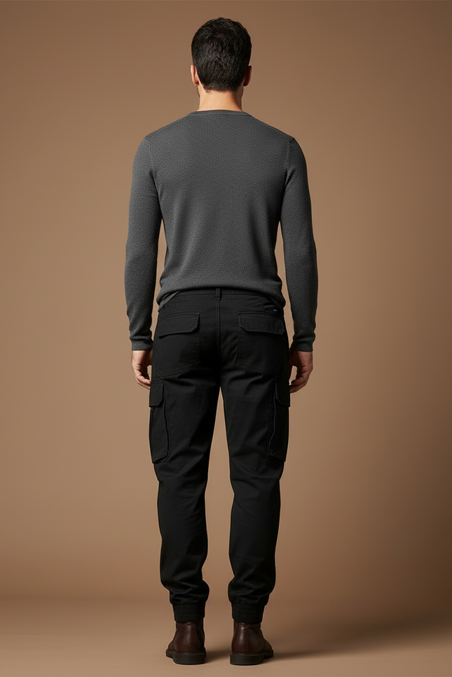 Pantalon Cargo Noir Coton Multipoches Jogger Homme - vue 2