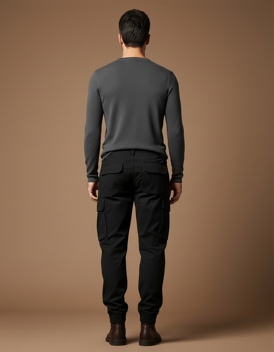 Pantalon Cargo Noir Coton Multipoches Jogger Homme - vue 2
