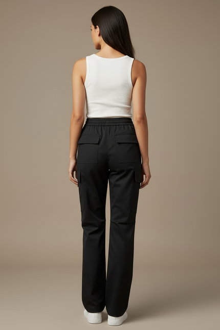 Pantalon Cargo Noir Fluide Ample Taille Haute - Polyester - vue 2