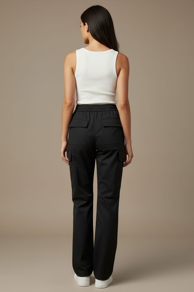 Pantalon Cargo Noir Fluide Ample Taille Haute - Polyester - vue 2