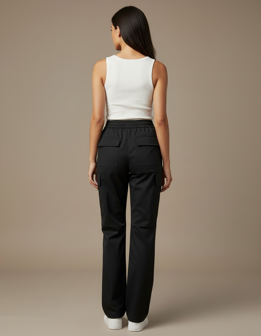 Pantalon Cargo Noir Fluide Ample Taille Haute - Polyester - vue 2