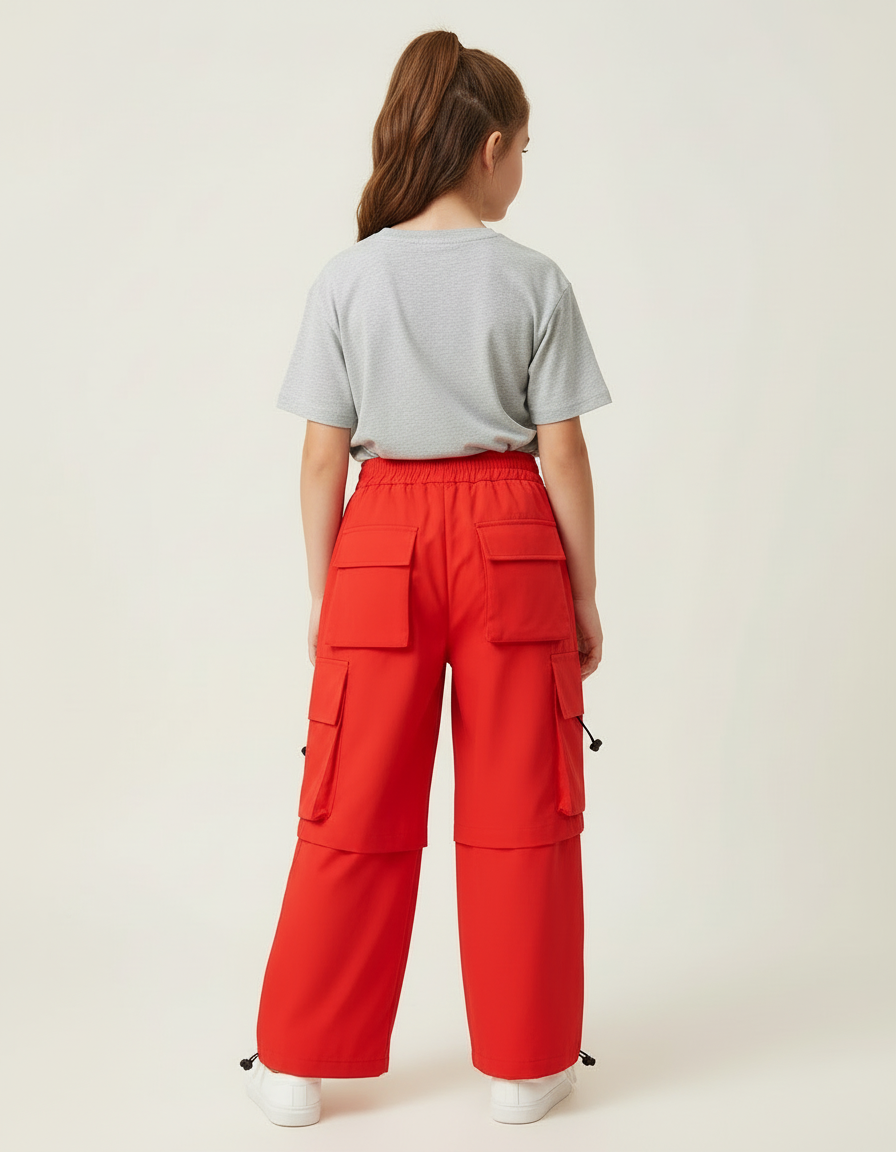 Pantalon Cargo Rouge Ample Fille Streetwear Poches - Polyester - vue 2