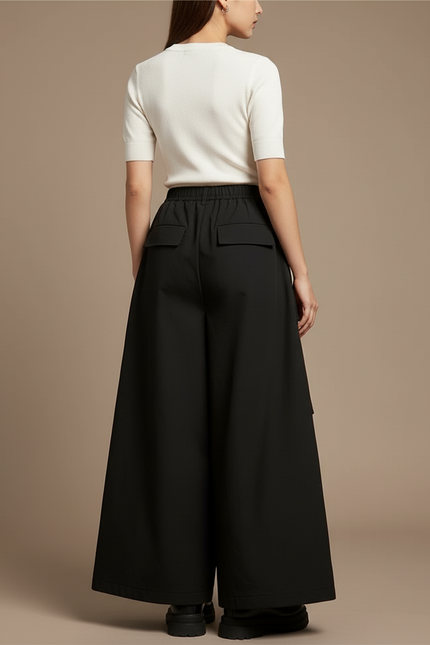 Pantalon Cargo Noir Ample Fluide Poches Femme - Gabardine - vue 2