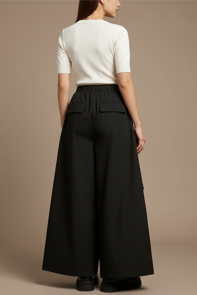 Pantalon Cargo Noir Ample Fluide Poches Femme - Gabardine - vue 2