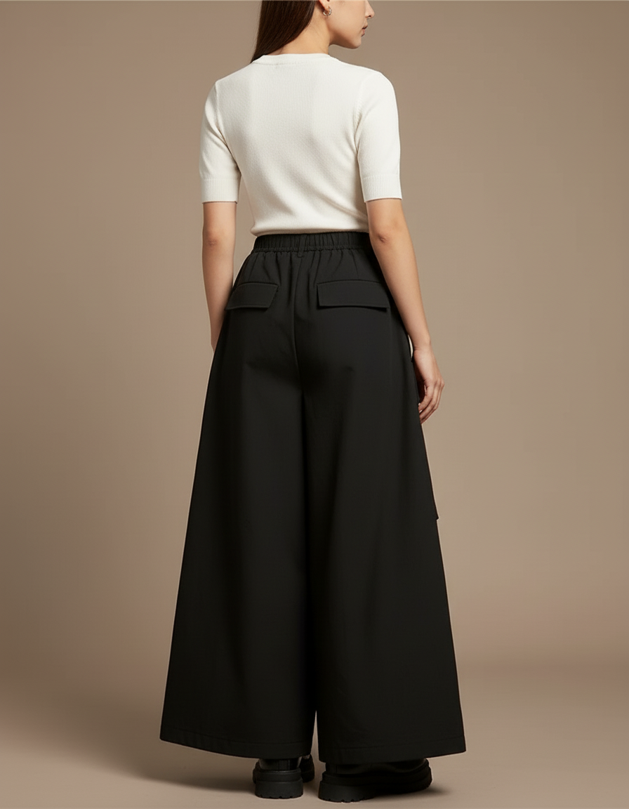 Pantalon Cargo Noir Ample Fluide Poches Femme - Gabardine - vue 2