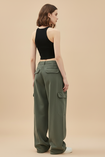 Pantalon Cargo Vert Ample Multi-Poches Décontracté - Kaki Toile - vue 2