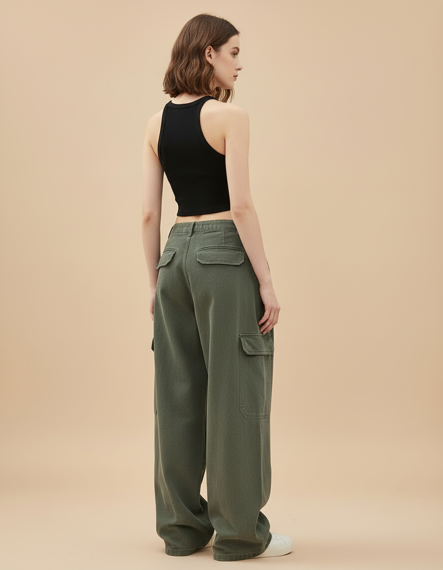 Pantalon Cargo Vert Ample Multi-Poches Décontracté - Kaki Toile - vue 2