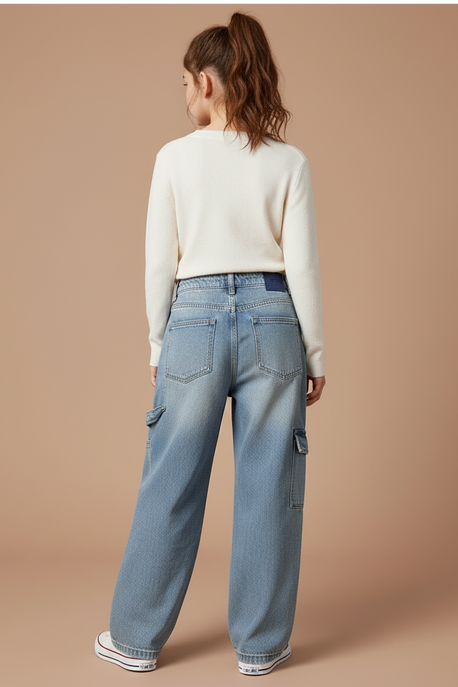 Pantalon Cargo Jean Ample Poches Denim Enfant Décontracté - Bleu - vue 2