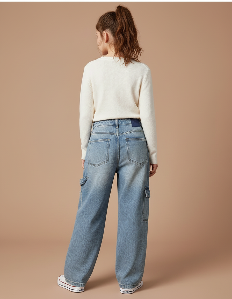 Pantalon Cargo Jean Ample Poches Denim Enfant Décontracté - Bleu - vue 2