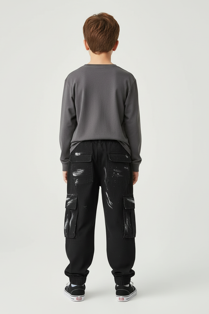 Pantalon Cargo Noir Peint Garçon Ample Multipoches - Toile - vue 2