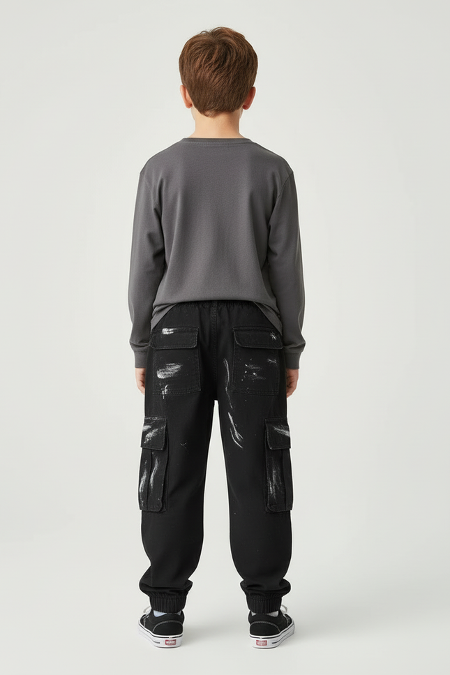 Pantalon Cargo Noir Peint Garçon Ample Multipoches - Toile - vue 2